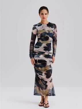 By Malina Long Sleeve Abstract Ruched Mesh Maxi Dress in Multicolor size L
